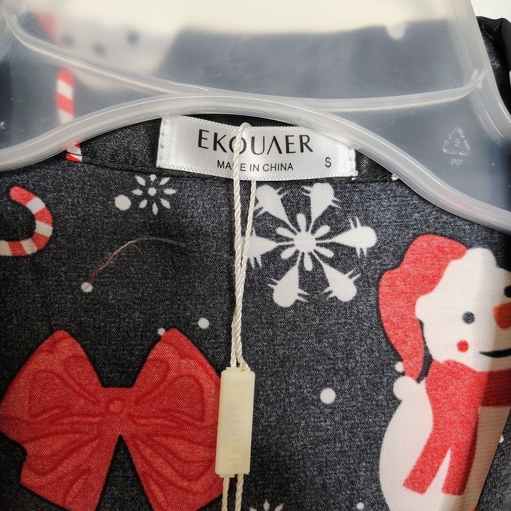 Ekouaer Women's Black&Red Snowman Print Pajama Set Top And Short Satin Sz S NWT - Picture 5 of 13